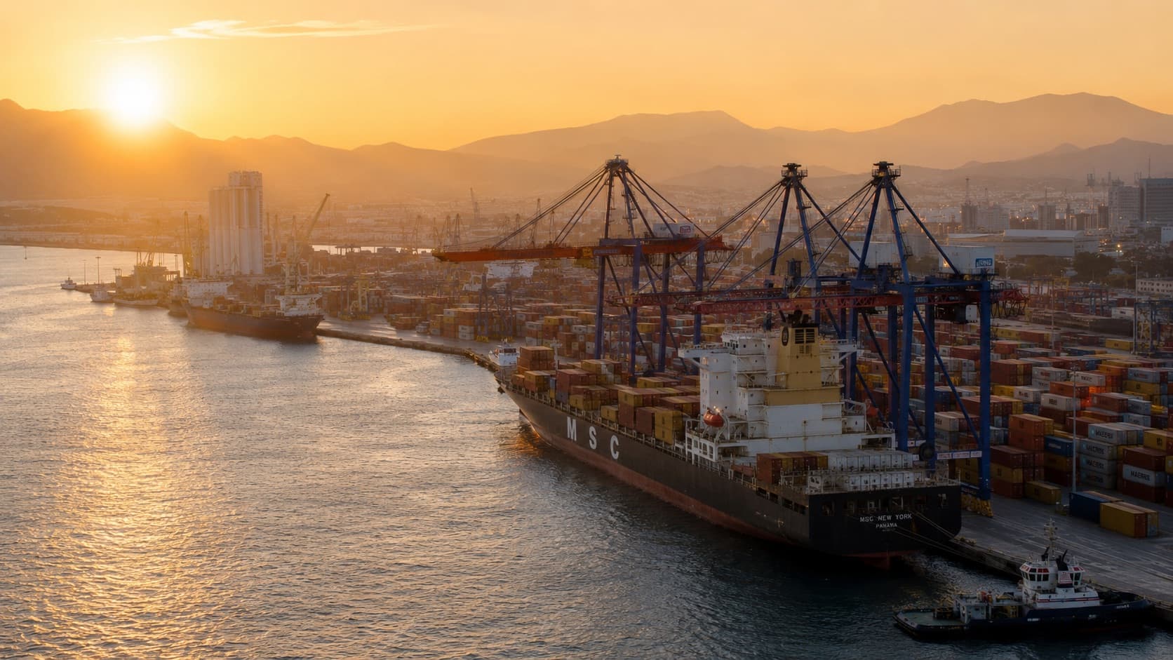Port méditerranéen à conteneurs au coucher du soleil